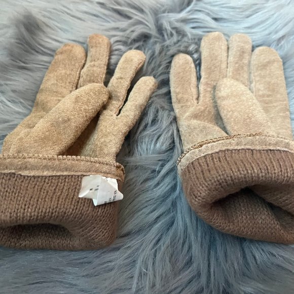 Vintage Isotoner Weathered Tan Suede Leather Gloves Wool Lined Winter Riding - Picture 3 of 4